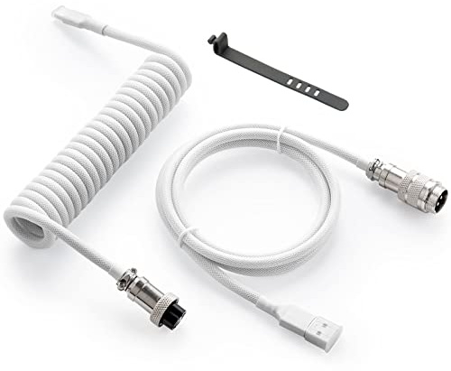 GUNMJO Pro Custom Coiled USB C Cable for Gaming Keyboard, Double-Sleeved Mechanical Keyboard Cable with Detachable Metal Aviator, 1.5M USB-C to USB-A, White Color