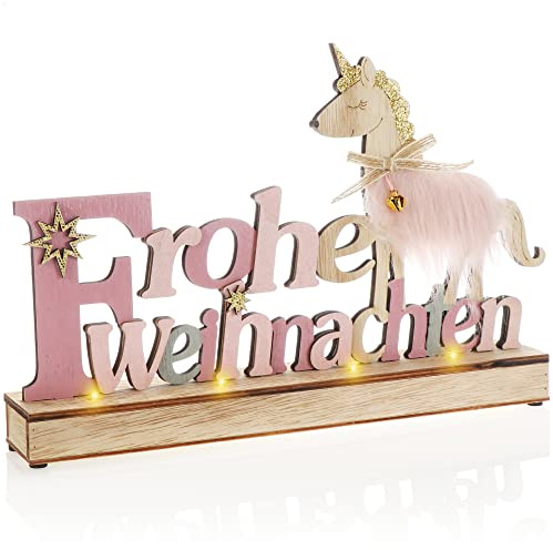 com-four® LED Deko Aufsteller aus Holz - beleuchteter Schriftzug auf Holzsockel - Deko-Schriftzug zum Hinstellen für Weihnachten - Stimmungslicht mit Timer