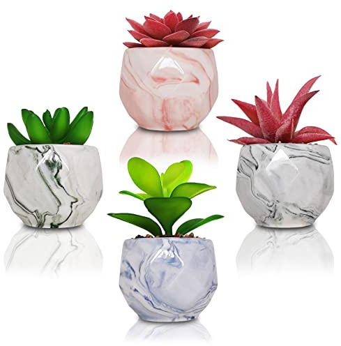 SAJANDAS Green and Pink Artificial Succulent Plants indoors in Marble Pattern Pots, Set of 4 Small Fake Succulent Plants in Colored Ceramic Pots for Home Bathroom, Bedroom Office Desk Plant Decor