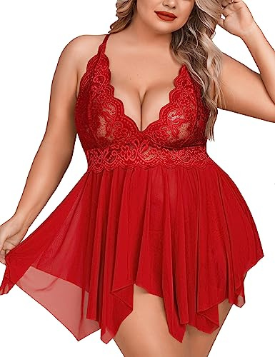 Aranmei Plus Size underkläder för kvinnor öppen framsida babydoll underkläder rem spets linne sexiga nattkläder, Röd, XXL (etikett R-18W)