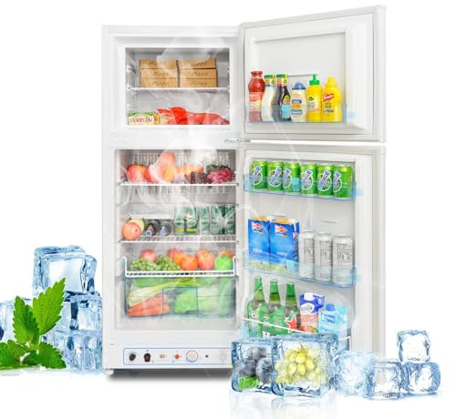 Techomey Gas Kühlschrank mit Gefrierfach 185L, Kühl-Gefrier-Kombinationen, Gas/230V,Lautlos Camping Kühlschrank Groß für Küche, Outdoor,Haus,Ferienwohnung,Chalet,Wohnmobil, Reisen, Weiß