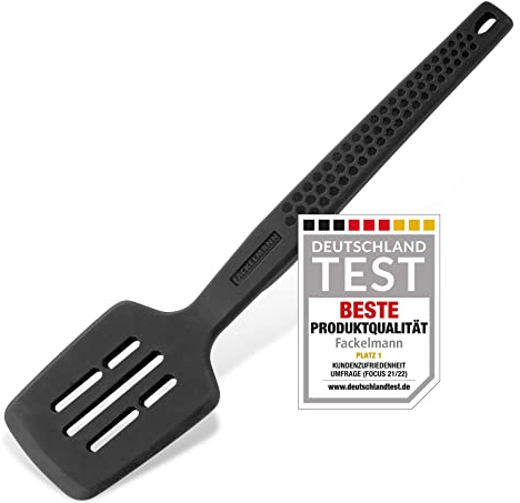 Fackelmann Statement Pfannenwender mit Lift-Up-Funktion – Schlitzwender mit ergonomischem Griff – Geeignet für beschichtete Töpfe und Pfannen – ca. 29 x 7 x 4,5 cm, Grau