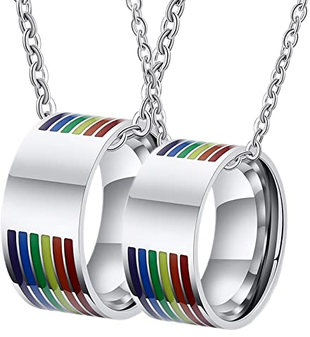 BCughia Partner Kette Ring, Partner Ketten für 2 Silber Halskette Gravieren Silberner LGBT Ring mit Regenbogen Emaille, 10 mm Necklace für Ehemann