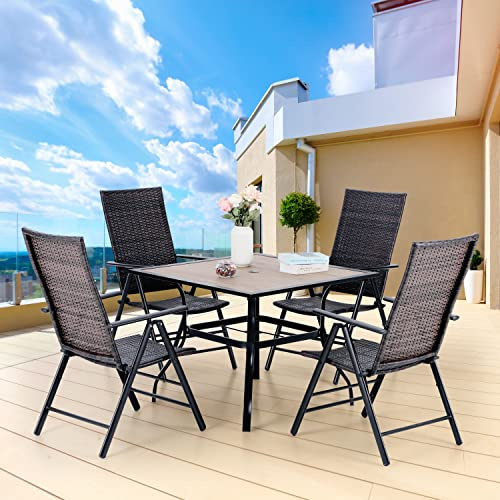 MFSTUDIO Polyrattan Gartenmöbel Set, 94cm Quadratische Tisch mit 4cm Schirmloch und 4 Rattan Klappstuhl, Balkonmöbel Set，Gartentisch mit Stühlen Set für Terrasse, Balkon, Bistro, Garten