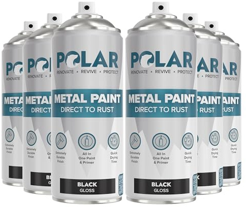 Polar Direct to Rust Metal Spray Paint, 6 x 400ml, Gloss Black | 3-in-1 Metal Primer, Undercoat and Topcoat, Direct to Rust, Corrosion and UV Resistant, Indoor and Outdoor