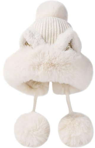 Malaxlx Damen Wintermütze Weiß Katzenohren Peruanische Mütze Strickmütze Warme Winter Beanie Mütze Fellmütze Pelzmütze Bommelmütze Plüsch Ohrenklappe Mütze