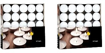 Teelichter 2x50 Stück (2 Boxen - 100 Teelichter) - Brenndauer: 4,5 Std., Rußfrei - für Windlicht, Teelicht-Glas, Duftlampe, Kerzenständer & Kerzenhalter - Weihnachten, Deko, Hochzeit, Party und Gastro