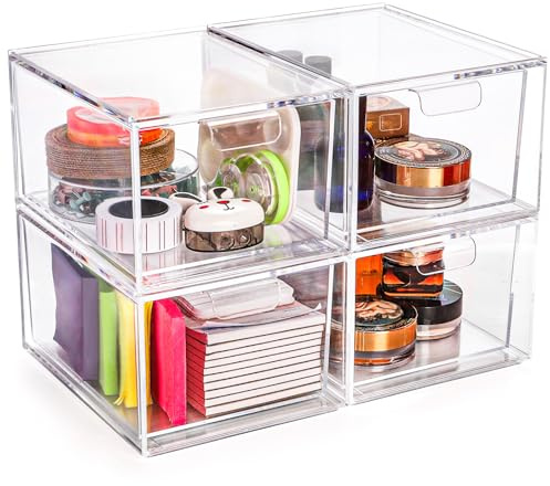 Foraineam 4 Pack Stackable Storage Containers Makeup Organizer Drawers, Acrylic Storage Bins with Pull-Out Drawers, Clear Plastic Cosmetic Display Case For Vanity, Cupboard, Pantry, Kitchen Cabinet