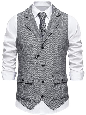 MakingDa Herren-Weste Formell V-Ausschnitt Tweed Westen Business Fischgrätmuster Slim Fit Anzugweste mit Tasche
