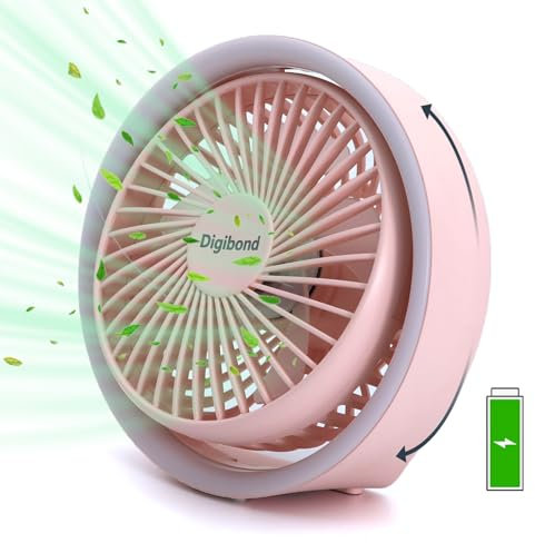 Digibond Pink Desk Fan, Small Quiet with Ambient Light/Hook Portable USB Fan 5.3in High Power 3000mAH Rechargeable Battery Operate 3 Speed 180°Rotated Easy Clean