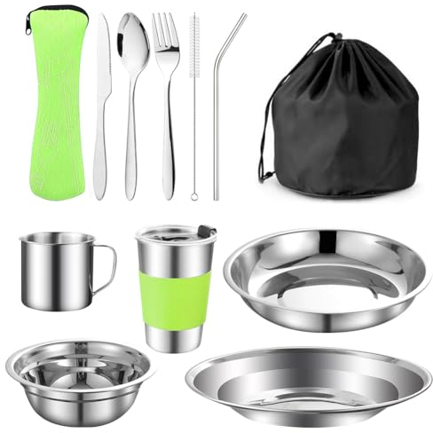 Gohytal Camping Besteck Set, 10er Campingbesteck Set Tragbar Camping Besteckset Edelstahl mit Löffel Teller Schüssel Göffel Tasse Ultraleicht Outdoor Kochgeschirr und Zubehör für Camping(Grün)