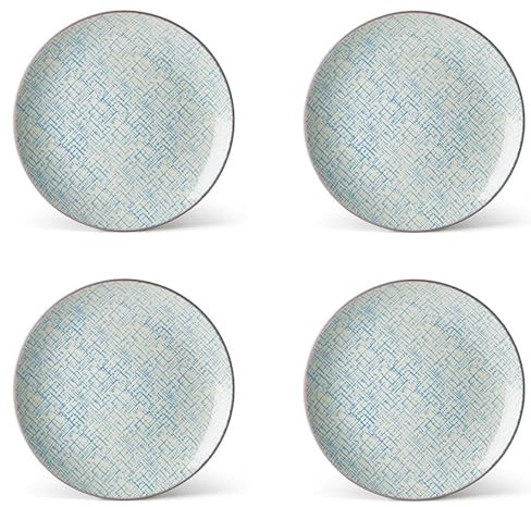 Evviva Lot de 4 assiettes plates en Stoneware, 4 assiettes plates de 25 cm, modernes et colorées, motifs géométriques. Modèle : Althea, jute bleu clair