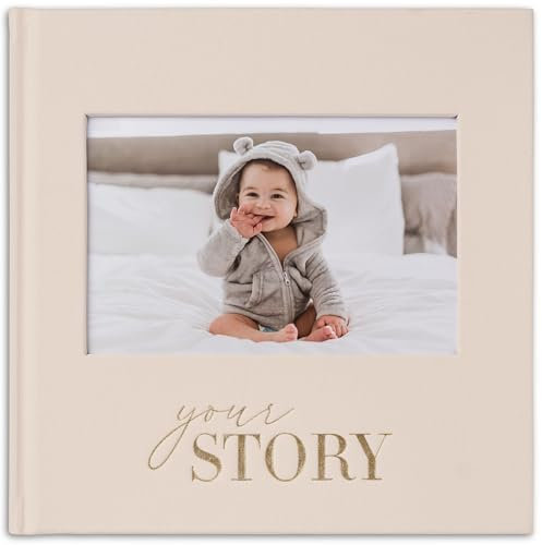 Baby Memory Book Keepsake Journal for Baby Boy or Girl | 136‑Page Record Book with Gold Foil & Fabric Cover | New Baby Gift