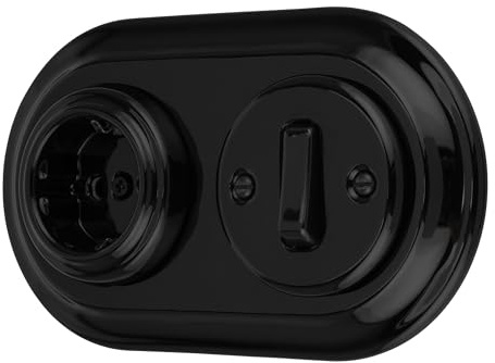 Unterputz Porzellan Retro Steckdose, Schalter, 2-fach, All-in-One, SET Serie PR1 schwarz