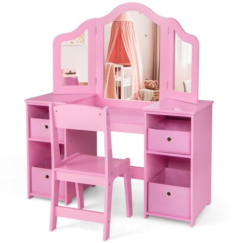 GYMAX Toeletta da Trucco per Bambine 2 in 1, Tavolo Trucco per Bambina con Specchio Triplo Rimovibile e Vani Aperti (Rosa, Toeletta + Cassetti + Sedia)