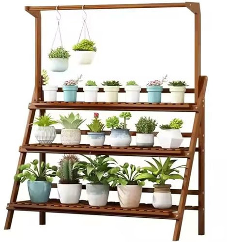 DECORN Bamboo 3-Tier Hanging Plant Stand Planter Shelves for Multiple Plants Indoor Outdoor Flower Pot Organizer Rack Folding Display Shelving Plants Shelf Unit Holder,100cmL