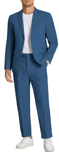 COOFANDY Uomini 2 Pezzi Cotone Lino Abiti Set Casual Leggero Blazer Giacca Regular Fit Pantaloni, Blu, L