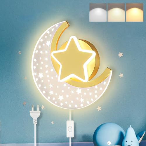 KZT 12W Kinder Wandleuchte mit Stecker Modern LED Wandlampe mit Schalter und 180cm Kabel Dimmbar Kinderzimmer Mond Nachttischlampe Innen Leselampe für Junge Mädchen Schlafzimmer Flur Wandbeleuchtung