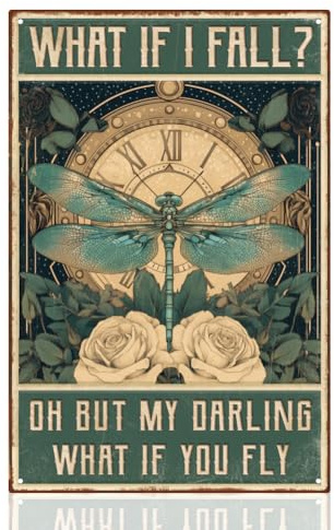 DOODLREAM Dragonfly Inspirational Tin Sign, Vintage Metal Wall Decor | 30 x 20 cm Retro Metal Plaque, If I Fall What If You Fly Sign, Waterproof Art Decor for Home Office Wall Decoration Gift