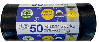 50 TidyZ Heavy-Duty Black Bin Bags. Made from 100% Recycled Plastic. Extra Strong Refuse Sacks. With Drawstring. 50L. For Kitchen, Office, General Household Waste. Leakproof