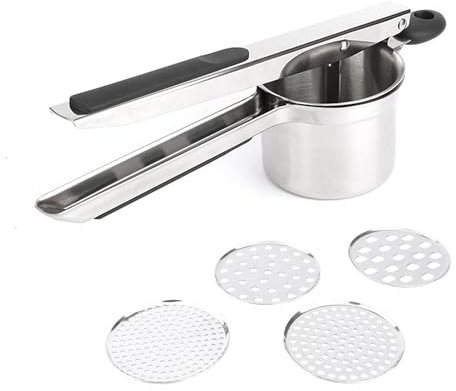 UUE Kartoffelpresse Edelstahl, Verdickte Kartoffelpresse mit 4 Austauschbare Sieb, Spätzlepressen, Kartoffelstampfer für Kartoffelpüree, Obstsäfte, Gemüsebrei, Püree, Babynahrung