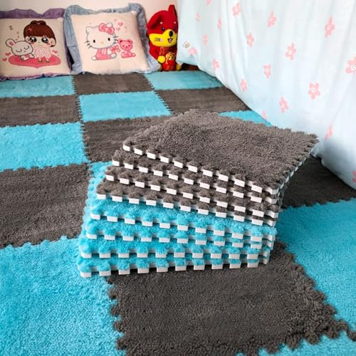 Solid Color Living Room Interlocking Puzzle Rugs Fluffy Bedroom EVA Foam Mats Thick Plush Soft Crawling Mat Pack of 10 (30 x 30 cm Each) Soundproofing Floor Protection