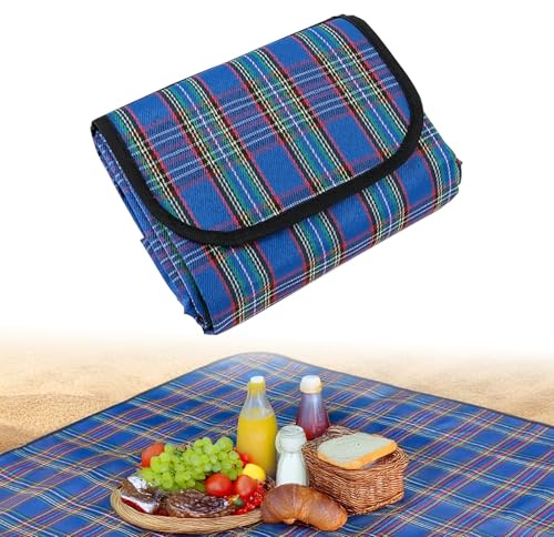 Picnic Blanket – Tartan Waterproof Outdoor Picnic Mat, Extra Large 150x200cm Foldable Waterproof Picnic Blanket with Carry Handle, Washable Garden Rug for Beach, Camping, Park, Family Travel, Blue