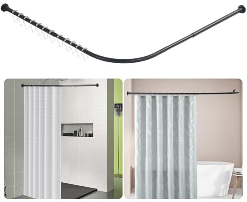 Btstil Duschvorhangstange L Form, Verstellbare Duschvorhangwinkelstangen, Edelstahl Dusche Vorhangstange Ecke mit 12 Duschvorhangringe für Badezimmer, Badezimmer (Schwarz, 68-138cm x 68-138cm)