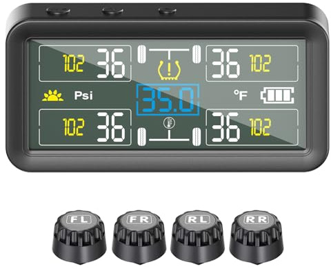Shkalacar Dispositif de Mesure de la Pression des Pneus de la Voiture, Système de Contrôle de la Pression des Pneus avec 4 Capteurs Externes LCD Afficher L'énergie Solaire et la Charge de