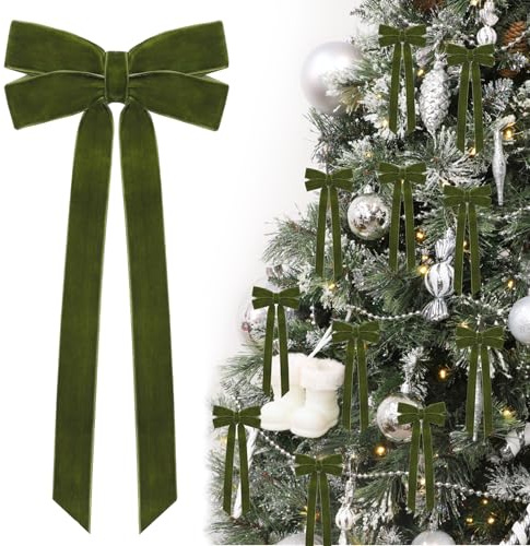 12 grüne Samtband-Schleifen, Weihnachtsbaumschmuck, 12,7 x 25,4 cm, Weihnachtsschmuck für Baum, Zuhause, Party, Haustür, Kranz, Girlande, Urlaubsdekoration