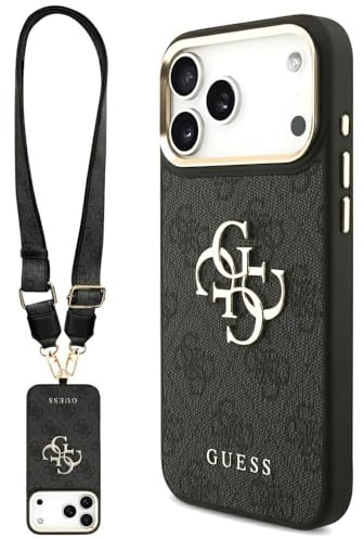 CG Mobile Guess 4G Grand Logo Classique 4G Coque avec Grande Sangle et Boutons en métal pour iPhone 17 Pro Max (Noir)