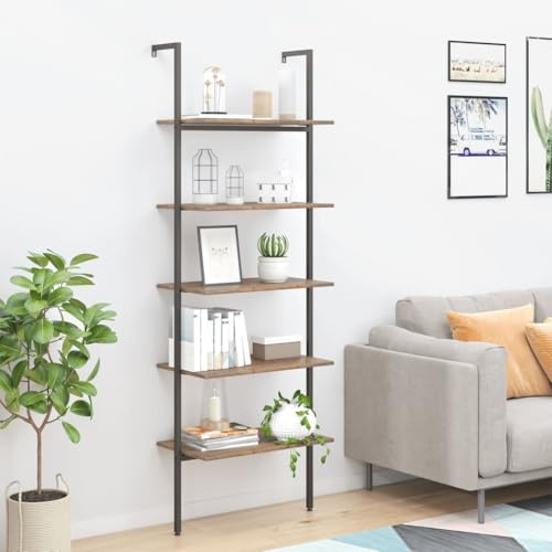 Mandloder Leiterregal mit 5 Böden, Dunkelbraun & Schwarz, 64x35x185 cm, schlankes Anlehnregal für Bücher, Pflanzen & Deko, Robustes Bücherregal aus Holzwerkstoff, vielseitige Lagerregale