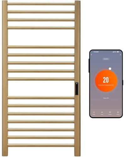 SolAire Sulby WiFi Electric Heated Towel Rail, Stainless Steel, Gold Brass Finish, Wall Mounted Dry Electric Towel Warmer with Thermostat, Timer, Alexa Voice Control & App (500 x 1000)