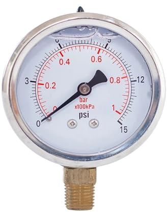 Seismic Pressure Gauge Head Glycerine Filled Compound Pressure Gauge 2 Inch Dia 1/4 Lower Mount -30 InHg-30,30, 60,100,160, 200,300,600 Psi & Bar(0-15 psi 0-1 bar)