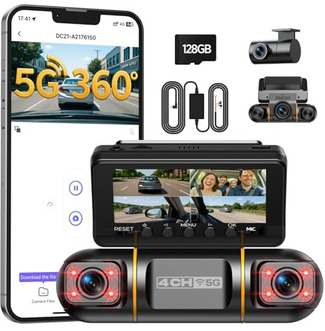 Volam 360° 4 Canales Dashcam Delantera y Trasera, 5GHz WiFi & App Dash CAM Coche, Camara Coche Grabadora con Tarjeta 128 GB, Visión Nocturna IR, 24H Modo Aparcamiento con Kit de Cableado Gratis