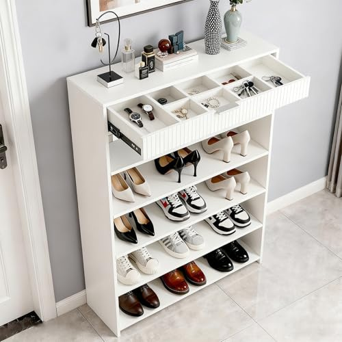 Durecoform 5 Ebenen Schuhschrank Weiss, Schuhkipper mit Schubladen, moderner Schuhregal Schmal Slim, Schuhschrank Holz für den Eingang, Flur, Wohnzimmer oder Veranda, 110.5x23.5x75cm