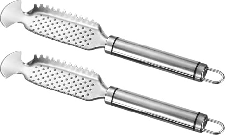 Amosfun Écailleur à Poisson Manuel 2 Pièces en Acier Inoxydable Double Lame Outil Cuisine pour Nettoyage Précis des Fruits de Mer Accessoire Antidérapant pour Camping et Préparation