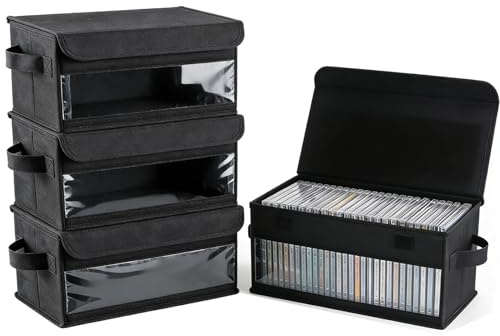 CD-förvaringslåda med synligt fönster, CD-fodral, behållare för 32 CD-skivor, DVD-förvaring med lock och handtag, vikbar förvaringslåda, lämplig för CD-skivor, böcker, dokument, svart, 4 stycken (4