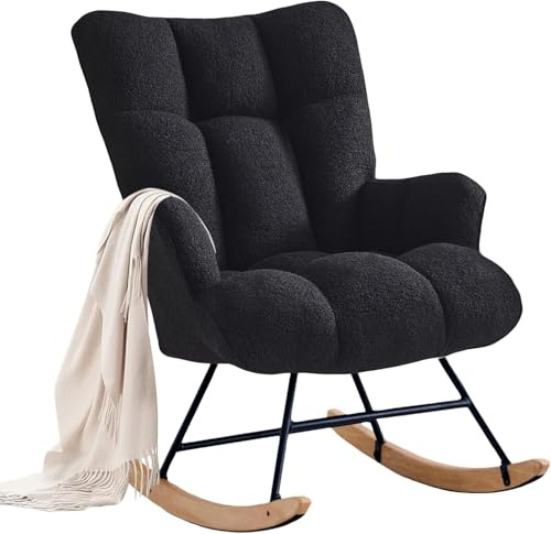 XH.Easy Go Schaukelstuhl Stillsessel Schaukelsessel mit Armlehnen Gepolsterter Stillstuhl Relaxsessel für Wohnzimmer Babyzimmer Bis 136 kg Belastbar Rocking Chair, Schwarz