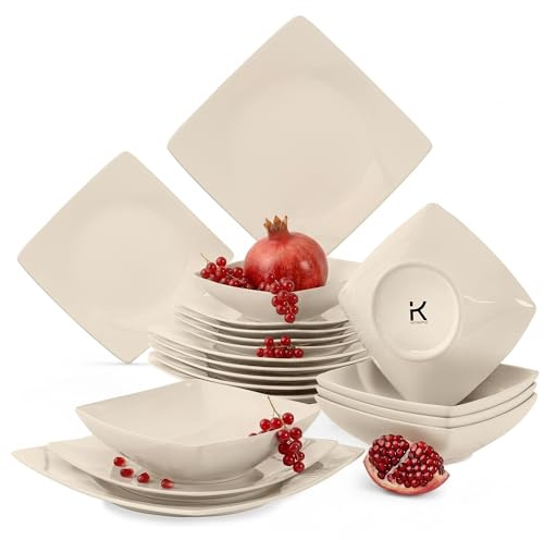 KONSIMO EPIRI Geschirrset 6 Personen, 18-teiliges Tafelservice aus Steinzeug – Modernes Teller Set mit Speisetellern, Frühstückstellern & Schalen Geschirr Set (beige glänzend, für 6 Personen)