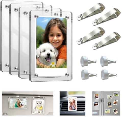 WWYSSZ 4 X Clip magnético acrílico para Fotos, portafotos para Coche | soporte de fotos para automóvil, con 4 clips para parasol y 4 clips de ventilación,Pantalla Vertical y Horizontal, 9x6cm