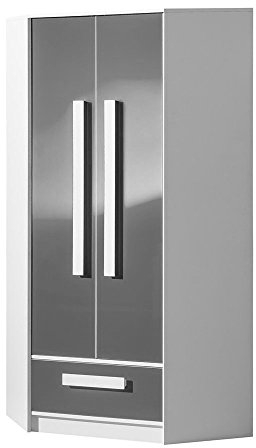 Furniture24 Eckkleiderschrank GULIVER 02 Eckschrank Schrank Kinedzimmer Jugendzimmerschrank mit 2 Türen und Schublade (Weiß/Grau Hochglanz)