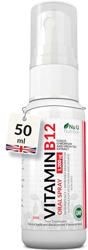 Vitamin B12 Spray 1,200 µg 50ml - 83 Servings - Methylated Sublingual Supplement - Natural Apple & Blackcurrant Flavour - with CoQ10, Chromium & Green Tea - Made in the UK - Nu U Nutrition