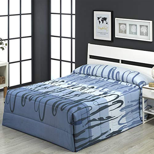 Lanovenanube Edredón conforter Carolina Cama 105 cm Azul algodón poliéster | 50% algodón y 50% poliéster. Diseño con bloques de color y líneas curvas. Cintas con botones de ajuste. No incluye cojín.