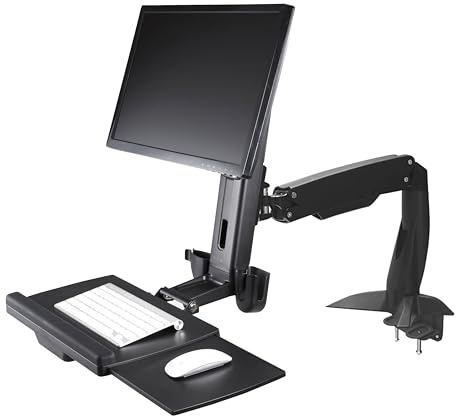StarTech.com Sit Stand Monitor Arm - Desk Mount Adjustable Sit-Stand Workstation Arm for Single 34 VESA Mount Display - Ergonomic Articulating Standing Desk Converter with Keyboard Tray (ARMSTSCP1)