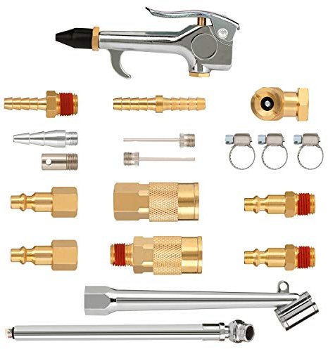 Hromee Air Hose Fittings 1/4 Inch NPT Brass Quick Connect Coupler and Plug, 20 Pieces Air Compressor Accessory Kit with Blow Gun and Tire Gauge