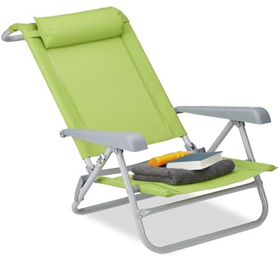 Relaxdays brassestol m. nackkudde & flasköppnare, positionsstol m. armstöd & 8 lägen, solstol, campingstol, 120 kg, grön