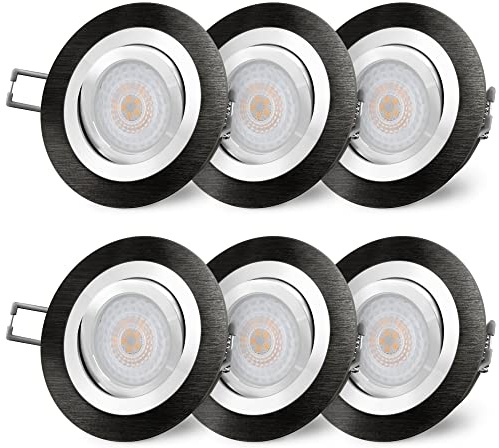 SSC-LUXon RF-2 LED Einbauspot 6x rund schwarz dimmbar 4W neutralweiß | Sechs Deckenspots rund schwarz gebürstet ohne Dimmer - Helligkeit in 3 Stufen am Lichtschalter, neutralweiß, schwenkbar
