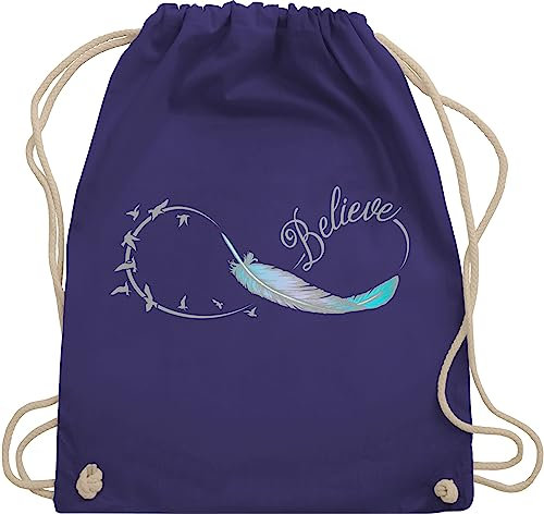 Turnbeutel Rucksack - Hipster - Believe Feder Schwalben Unendlichkeitszeichen Bunt - Unisize - Lila - federn beutel feather stoffrucksack stoffbeutel trainingsbeutel turnsackerl mit kordelzug