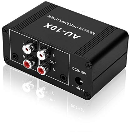 ATNEDCVH Mini small stereo audio preamplifier, Headphone amplifier, Gain 20dB phono turntable phonograph preamp, Dual op amp NE5532 with RCA 3.5mm input to RCA 3.5mm output (Black)